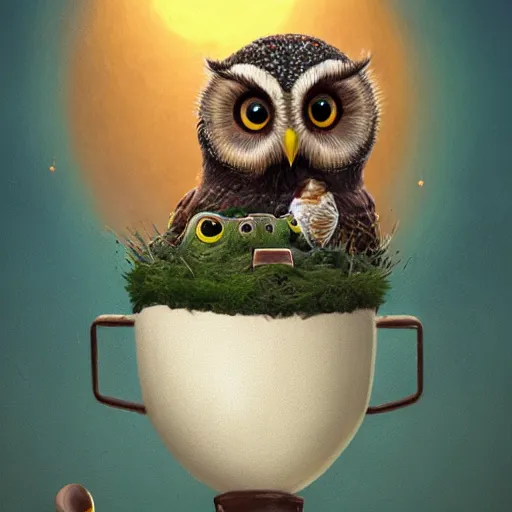 Image similar to long shot of a very cute owl chick nesting in a very futuristic cup, esao andrews, humorous illustration, hyperrealistic, big depth of field, warm colors, night scenery, low light, 3 d octane render, 4 k, conceptart, hyperdetailed, hyperrealistic, trending on artstation