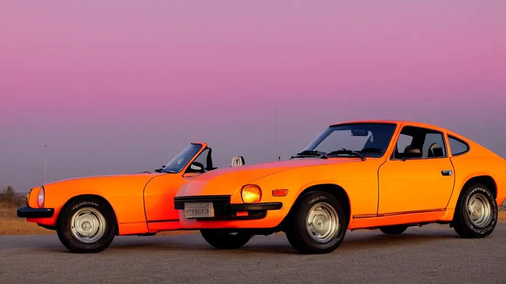 Image similar to neon synthwave 1 9 7 5 datsun 2 6 0 z at sunset, 8 k. filling of the view