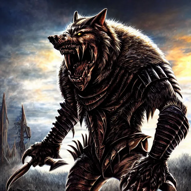 Image similar to armoured werewolf warrior, 4 k, hdr, smooth, sharp focus, high resolution, award - winning photo, anne stokes, photorealistic