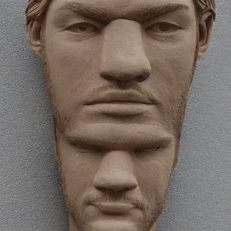 Prompt: 2 0 0 ft sculpture geometric minimalist!!! accurate portrait of chris hemsworth, beautiful symmetrical!! face accurate face detailed face realistic proportions, hand - carved out of red oak wood on a pedestal by stephan balkenhol and martin puryear, cinematic lighting shocking detail 8 k