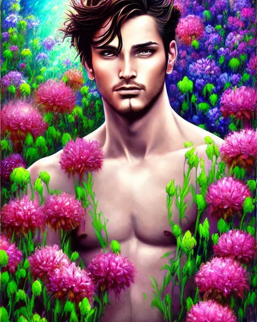 Prompt: a painting of a beautiful man surrounded by flowers, an ultrafine detailed painting, by mark brooks, centered full body, featured on deviantart, fantasy art, detailed painting, deviantart, anime