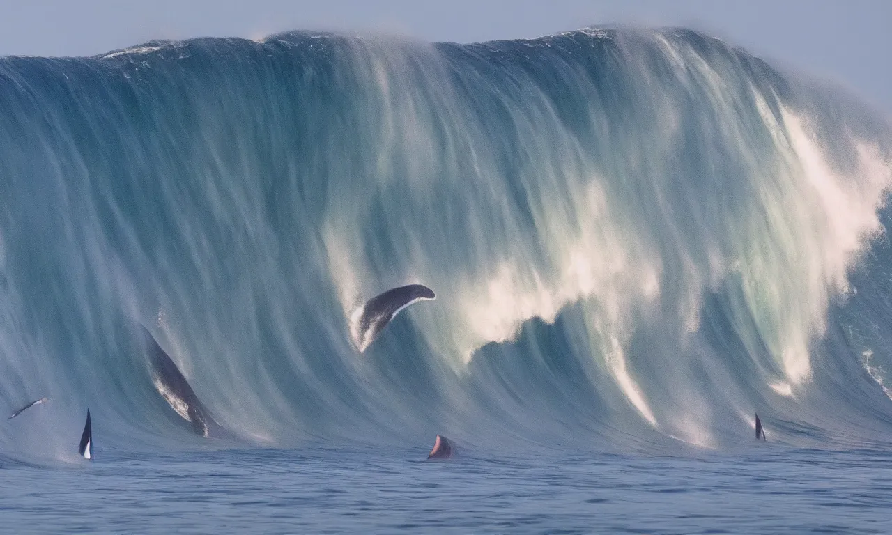 Prompt: dozens of gigantic whales surfing a big wave, photography by Hayden Richards, award winner, slow motion, refractions, summer, colored, nazare (portugal), 180mm, cinematic,