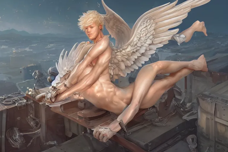 Prompt: Delicate blond male mechanical Angel dying on an anvil in the sun, 4k digital illustration by Artgerm, wlop, James Jean, Andrei Riabovitchev, Marc Simonetti, yoshitaka Amano, Artstation, CGsociety