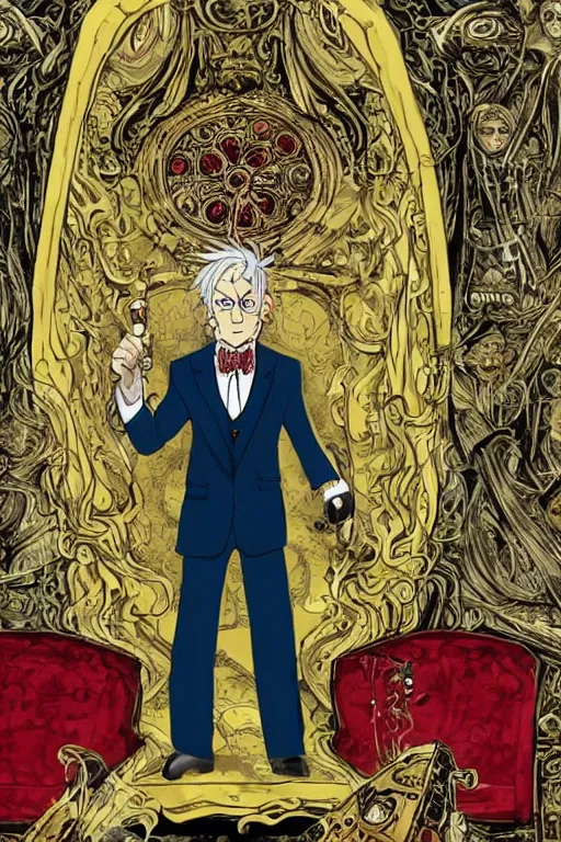 Image similar to a very wealthy old man in an expensive tailored suit representing the embodiment of greed, seven deadly sins