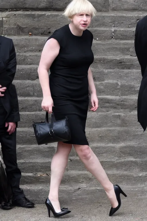 Prompt: boris johnson wearing a mini black dress with high heels and stockings