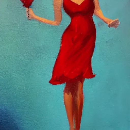 Image similar to oil painting of a girl in a red dress on a date night