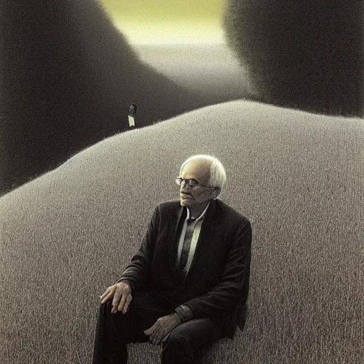 Image similar to a coherent award - winning beautiful!!! portrait of a calm bernie sanders!, sitting on a beautiful hill, painted by zdzislaw beksinski