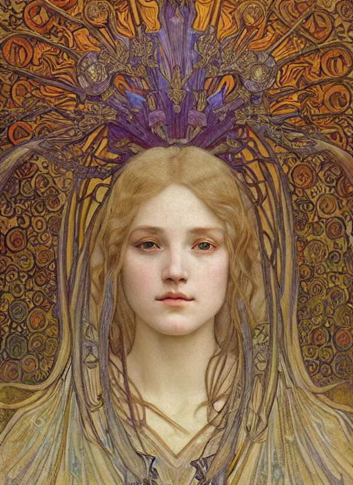 Image similar to detailed realistic beautiful young medieval queen face portrait by jean delville, alphonse mucha, vincent van gogh, and marco mazzoni, art nouveau, symbolist, visionary, gothic, pre - raphaelite