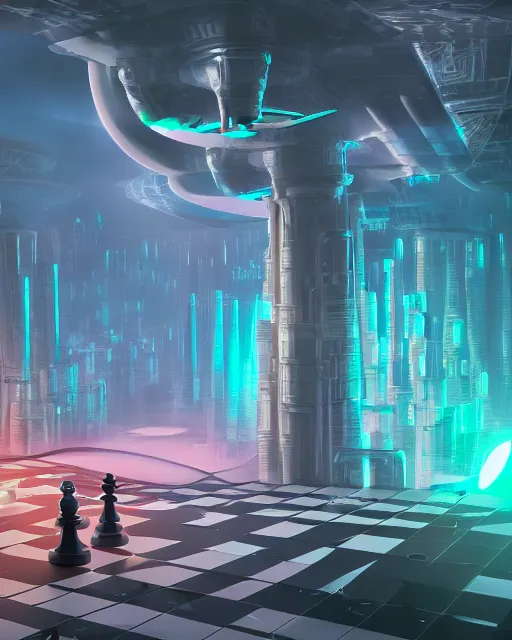 Image similar to chessboard scientist, scifi, ( ( abstract environment ) ), wise android, detailed, flying drones, futuristic palace, full of color, perfect, cold light, 8 k high detail, masterpiece, trending on artstation