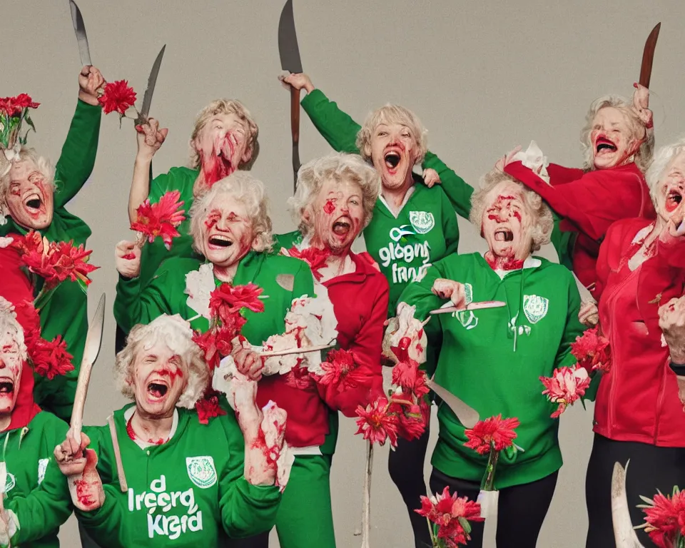Image similar to a gang of old ladies waving large knives covered in blood, and carrying flowers, and wearing green Umbro track suits laughing maniacally and screaming
