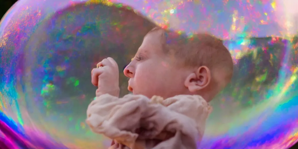 Image similar to an adorable human infant stuck inside of a giant iridescent floating soap bubble, bokeh, golden hour, back yard, golden hour