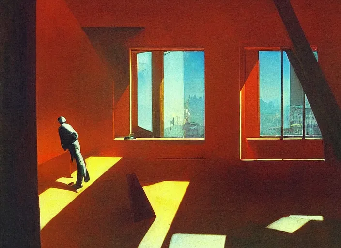 Image similar to painting of a man showing his art to the world, science fiction, Edward Hopper and James Gilleard, Zdzislaw Beksinski, highly detailed