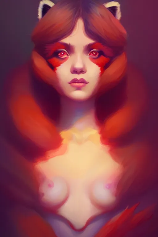 Image similar to a detailed portrait of a beautiful woman with ( red panda ) features, in professional makeup, dramatic lighting, by lois van baarle, ross tran, greg rutkowski, 4 k, trending on artstation