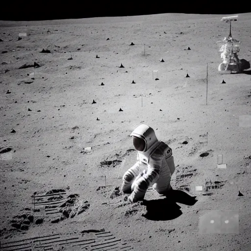 Image similar to photo of astronaut building a sand castle on the moon, sitting down, 3 5 mm, full - hd