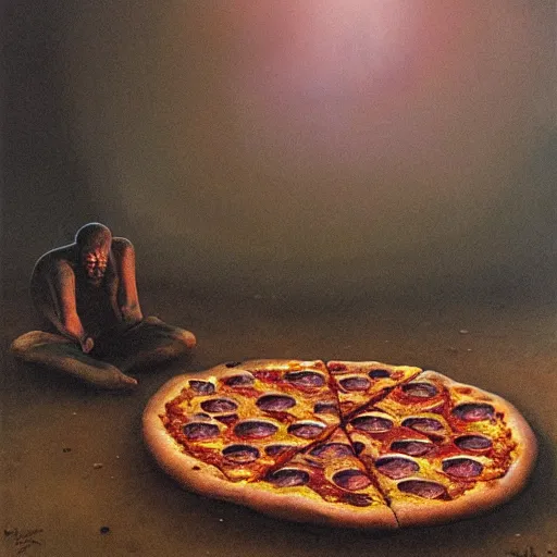 Prompt: pizza on the ground painted by beksinski, oil painting, high detail, moody, atmospheric light, 8 k, colorful