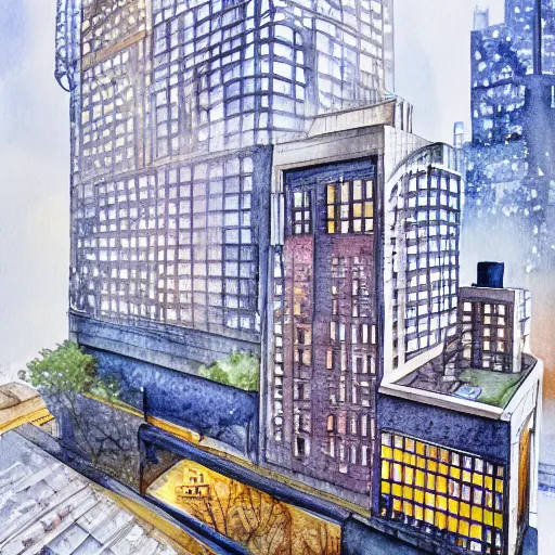 Image similar to modern loft overlooking central park in a blizzard, in watercolor gouache detailed paintings, moebius, blueprint, building, modular