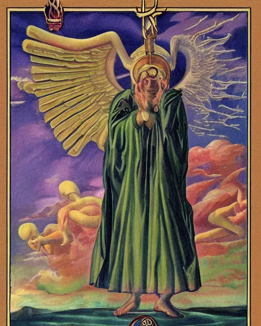 Prompt: surrealism : godly men from the realm of universe, hyperreal, detailed, the judgement an angel simetrical for the tarot of marseille, riddim, directorio