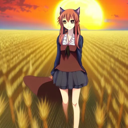 Image similar to anime illustration of Holo from Spice and Wolf standing in a wheat field at sunset, Holo is a wolf girl, high detail, trending on pixiv