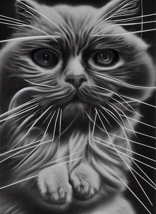 Image similar to futuristic lasers tracing, laser cat, selkirk rex longhair, by steven meisel, kaws, rolf armstrong, mondrian, kandinsky, perfect geometry abstract acrylic, octane hyperrealism photorealistic airbrush collage painting, dark monochrome, fluorescent colors, minimalist rule of thirds, eighties eros