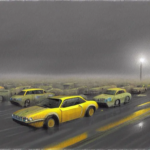 Image similar to a picture of a bunch of cars in the rain, a digital painting by scott listfield, cgsociety, sots art, apocalypse art, dystopian art, concept art