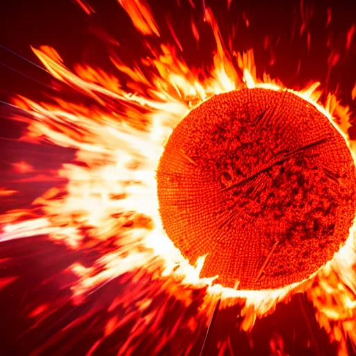 Image similar to red hot burning sphere embedded in fireball explosion with fire, 4 k