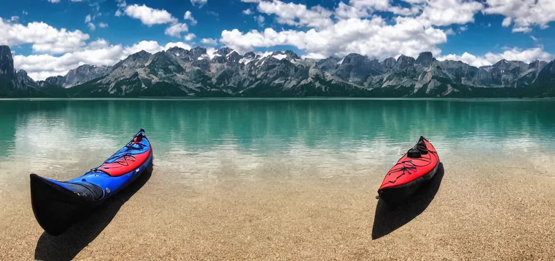 Image similar to a beautiful image of a breathtaking lake with amazing mountains in the background, there is a kayak in the foreground on the beach. landscape image