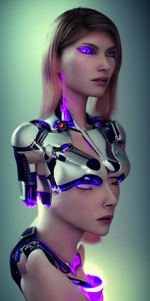 Image similar to a beautiful female cyborg humanoid brunette neon lighting 4 k render 8 5 mm