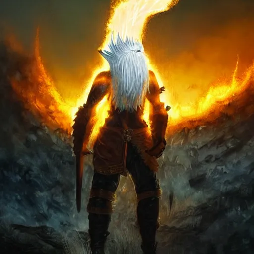 Prompt: Lionman with white hair and glowing yellow eyes wearing leather armor, walking towards the camera, burning city in background, charred landscape, full body art, wielding a longsword, fantasy art, Dim Lighting