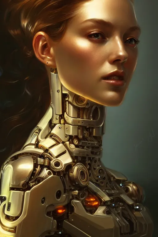 Image similar to beautiful female mechanical android!, half portrait, intricate detailed environment, photorealistic!, intricate, elegant, highly detailed, digital painting, artstation, smooth, sharp focus, art by artgerm and greg rutkowski and alphonse mucha