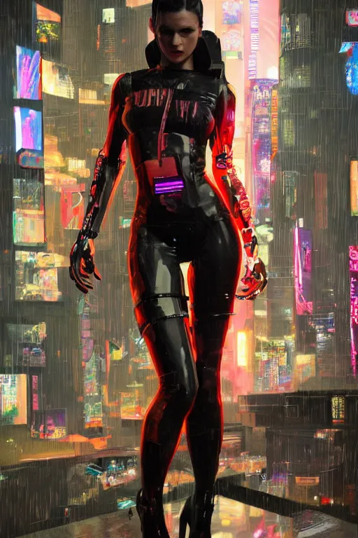 Image similar to An epic comic hyperrealistic full body shot portrait oil painting of a cyber warrrior girl wearing futuristic wardrobe, black and reddis, ultradetailed face expression trending on artstation and artbreeder, cyberpunk 2077 color, heavy rainning at tokyo night, neon light rooftop, unreal 5, DAZ, 8k, unreal 5 engine render, cosplay, RPG portrait, final fantasy Vll world concept, dramatic lighting, rim lights, PS5 render quality