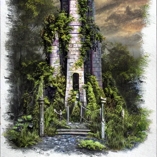 Prompt: Painting of the overgrown ruins of a wizard's tower. Fantasy art.