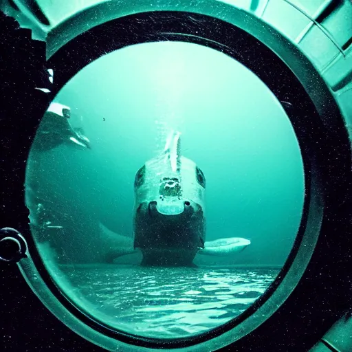 Image similar to a ghost leviathan seen through the porthole of a submarine, dark, underwater,