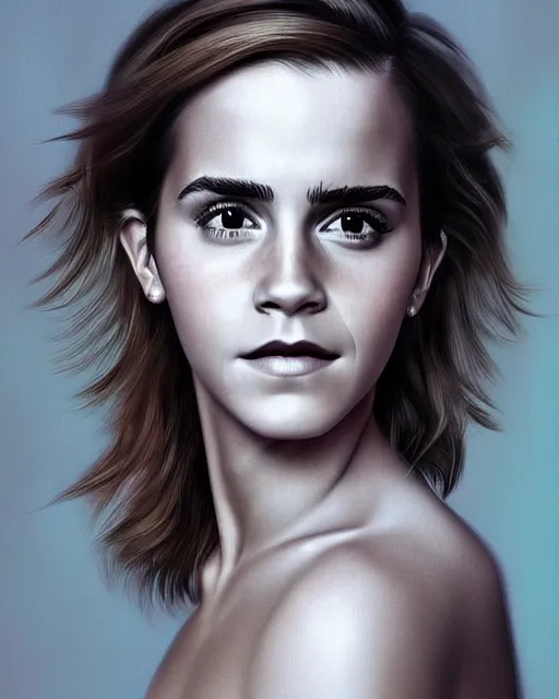 Image similar to detailed digital painting of a emma watson, half body portrait, by luang huahue, sharp details, soft brushstrokes, subsurface scattering, warm lighting