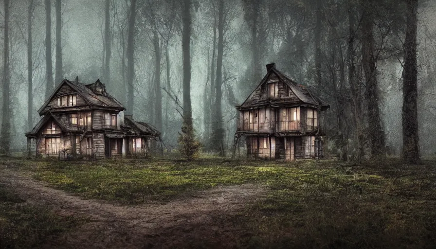 Image similar to abandoned wooden 1 9 0 0's house in german forest, rainy evening, muddy ground, hyperdetailed, artstation, cgsociety, 8 k