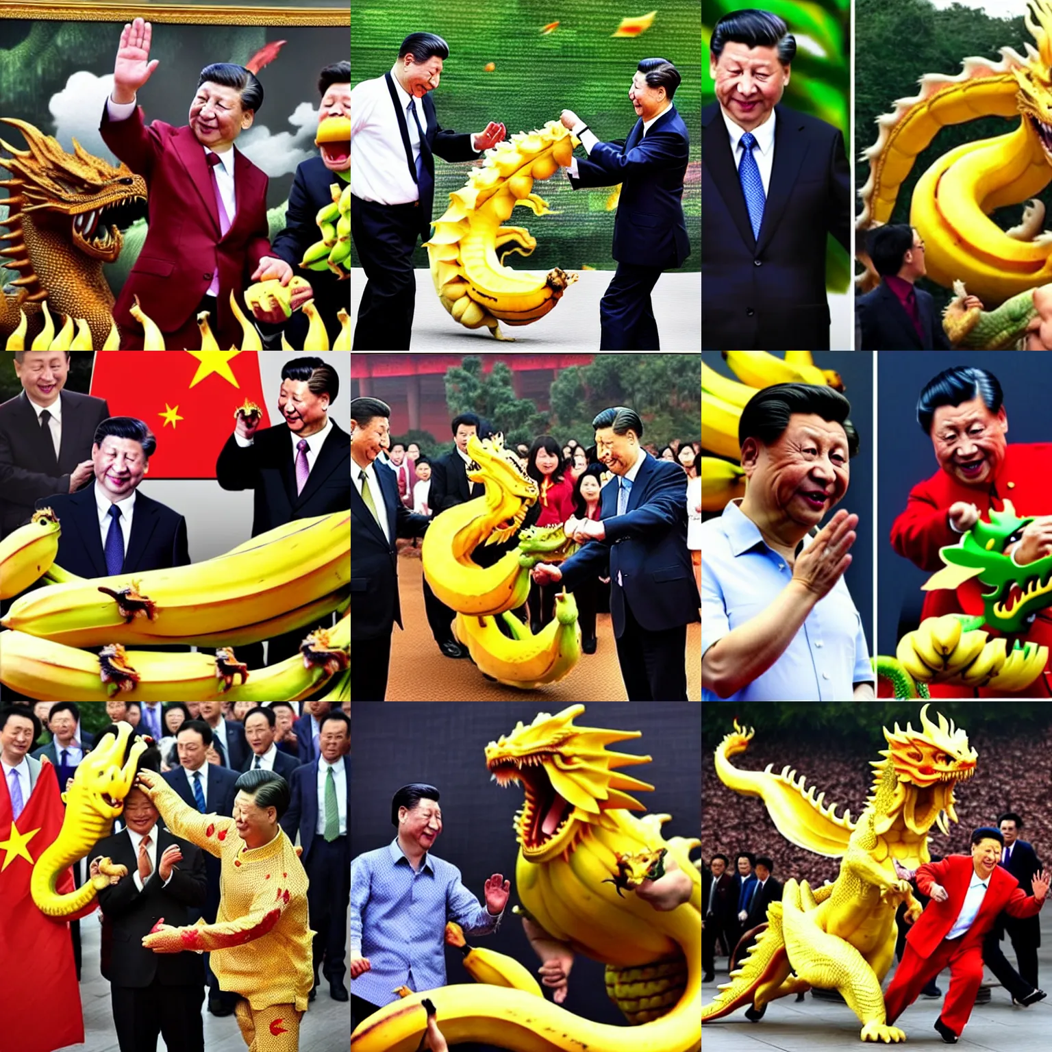 Prompt: Chinese president fighting with dragon using bananas, epic fight