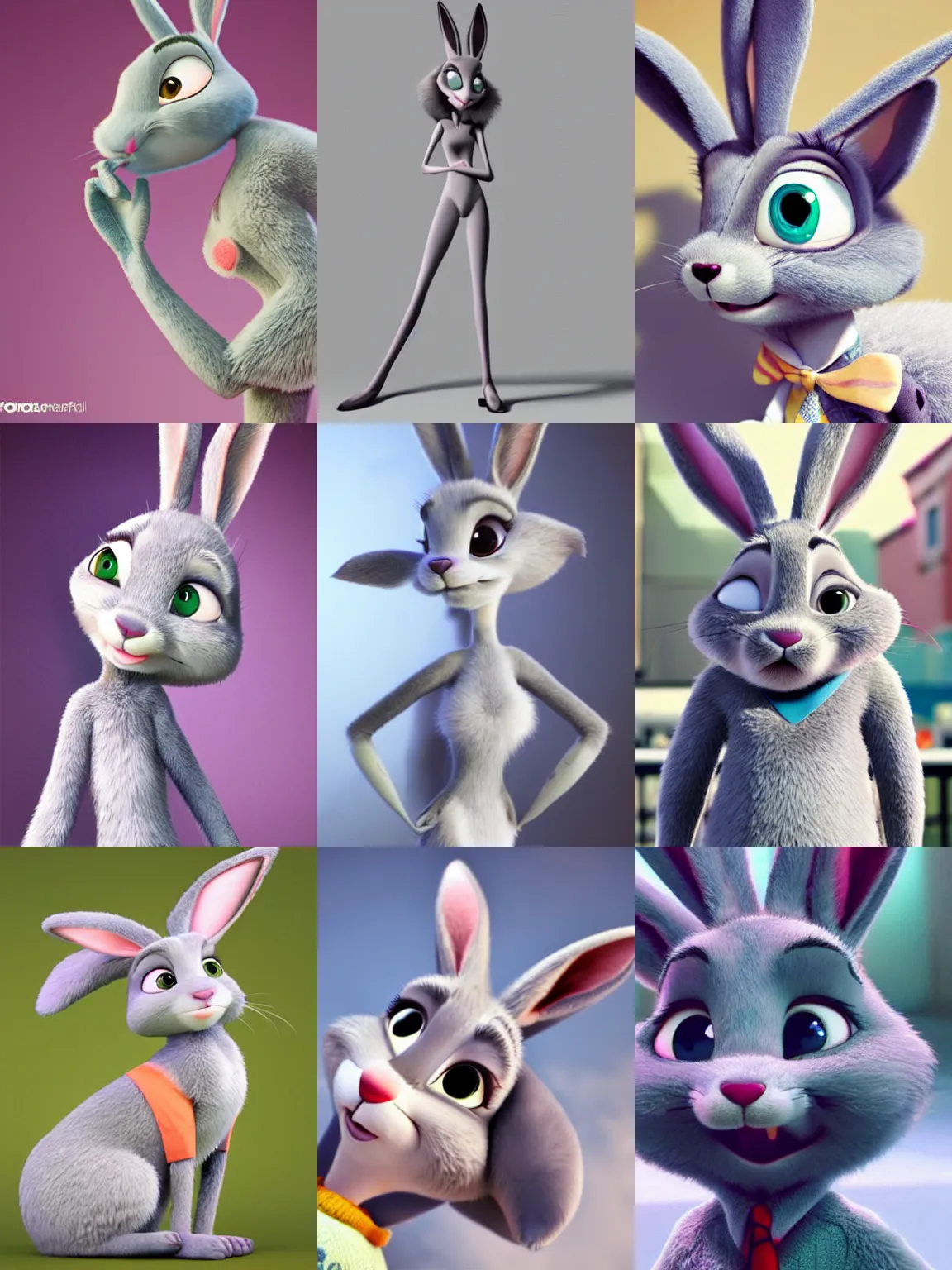 Prompt: slim sexy feminine gray rabbitbunny from zootopia, female beautiful gray rabbit from pixar, fluffy gorgeous zootpia gray bunny femme girl