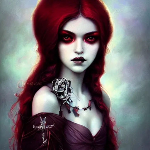 Prompt: princess of darkness, style of tom bagshaw, artgerm, james jean, piercing eyes, long glowing red hair, cinematic, highly detailed, award winning