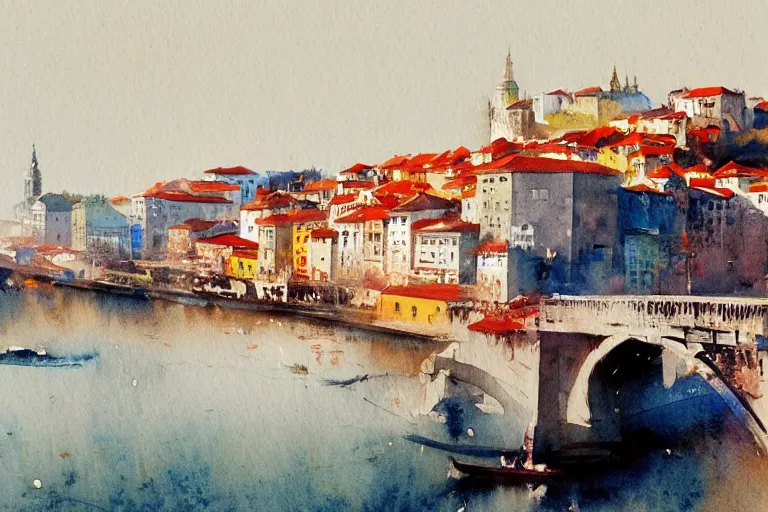 Prompt: small centered on watercolor paper, paint brush strokes, abstract watercolor painting of porto, tall bridge, cinematic light, national romanticism by hans dahl, by jesper ejsing, by anders zorn, by greg rutkowski, by greg manchess, by tyler edlin