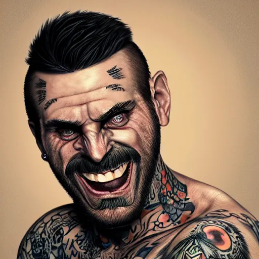 Image similar to tatted man laugh on camera. matte, facial features, symmetrical anatomy, hyperdetailed, digital art, baroque, pop punk art style, fantasy, full body pictures, without duplication, art by artgerm and ilya kuvshinov and vinicius gud and gustavo zambelli, intricate, octane render.