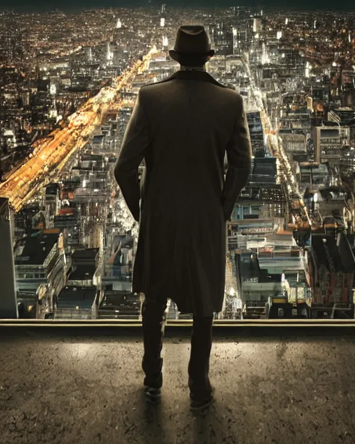 Prompt: a night rooftop scene, light from traffic in the city below, close up shot of a photorealistic gangster wearing a trench coat looking at the city below, high contrast, unreal engine, hyper realism, realistic shading, cinematic composition, realistic render, octane render, detailed textures