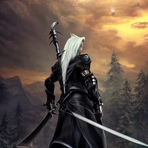 Image similar to sephiroth with lightning sword realistic, ultra detailed, menacing, powerful, dark, golden hour, forest, mountains in the background concept art Ross Tran