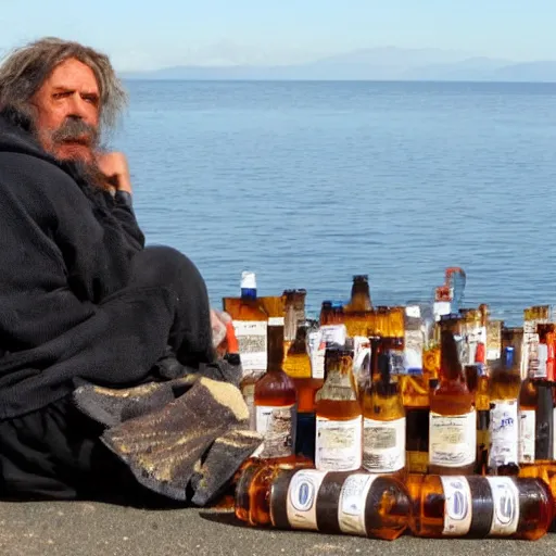 Image similar to hobo on sea with million bottles