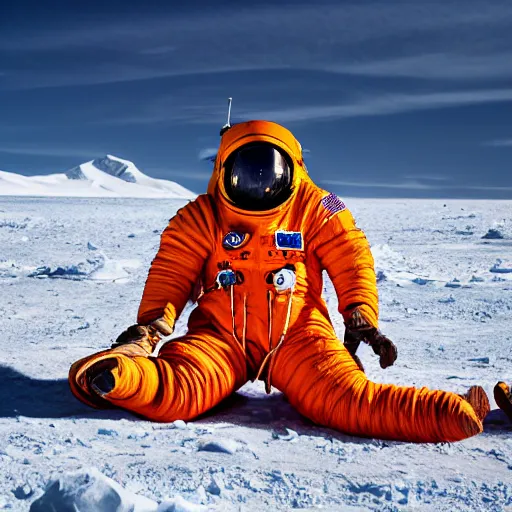 Image similar to astronaut in orange polar exploration suit crouching down in the snow behind a small plant