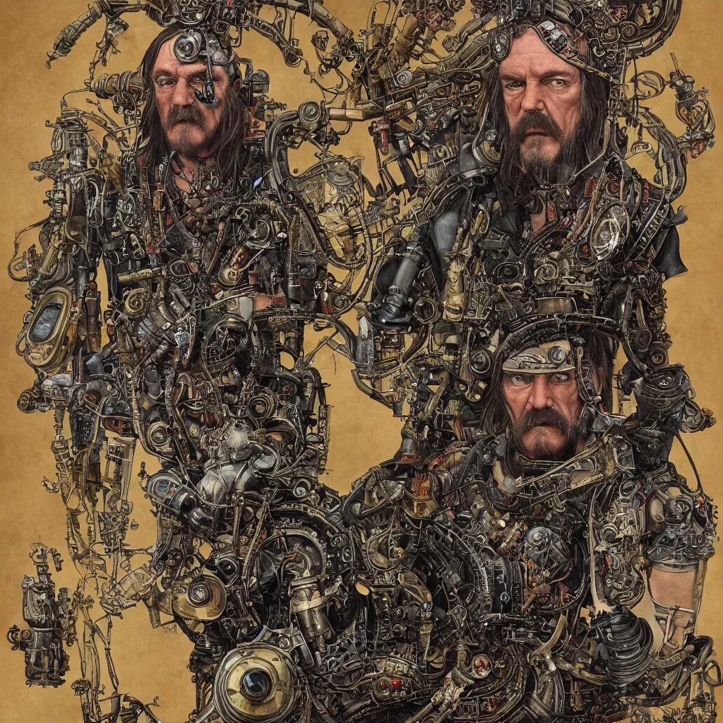 Image similar to A dramatic full-color art nouveau and ironpunk styled bust panorama portrait of lemmy kilmister as an dieselpunk engine tank king of the universe, hyperdetailed mixed media artwork combining the styles of Travis Charest, Michael Kaluta and Bill Sienkiewicz, vast power, perfectly symmetrical facial features, 8k, deeply hyperdetailed, cinematic lighting, realistic mechanical details, 8k, UHD, HDR
