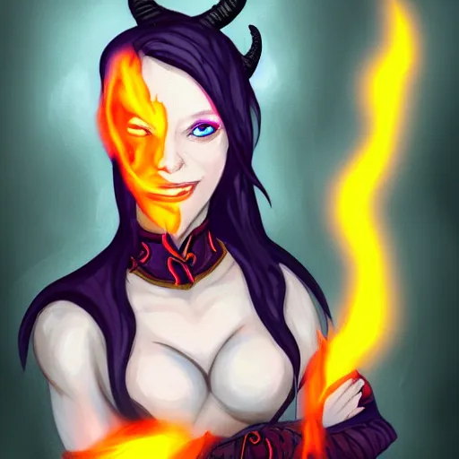 Image similar to A portrait of a tiefling woman made out out translucent fire. She has a cute smile. Her clothes are totally punk-rock