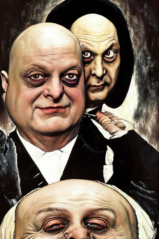 Image similar to uncle fester addams from the addams family painted by norman rockwell