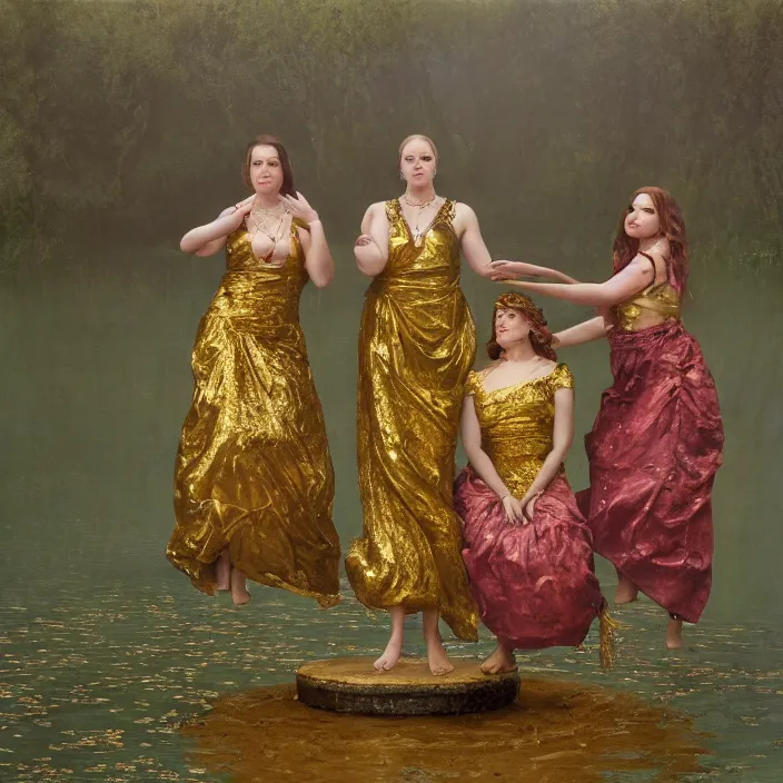 Image similar to a closeup portrait of a three women wrapped in gold, the three dates, three sirens, standing next to a levitating turquoise orb, in a misty pond, color photograph, by vincent desiderio, canon eos c 3 0 0, ƒ 1. 8, 3 5 mm, 8 k, medium - format print