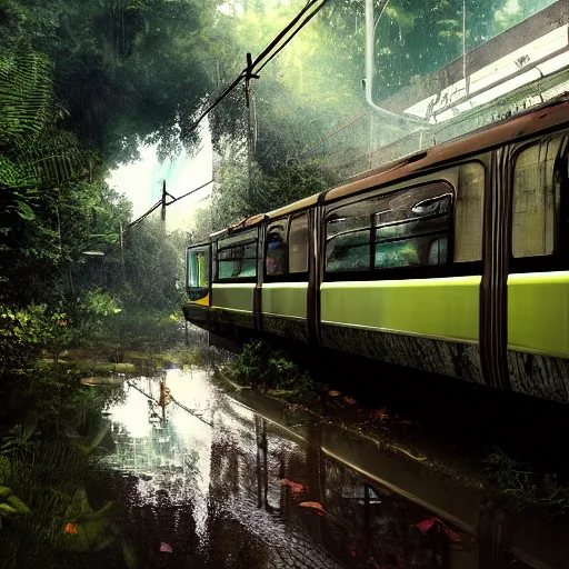 Prompt: a partially flooded crashed subway car in an overgrown jungle, artstation, detailed, ethereal feeling, sunset