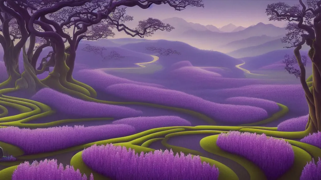 Prompt: digital painting of a lush sinuous river valley by gerald brom. purple river. cold icy day. chiho aoshima. wisteria. digital render. detailed. beautiful landscape.