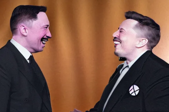 Image similar to “ very very intricate photorealistic photo of hitler and elon musk laughing together, detailed natural lighting, award - winning crisp details ”